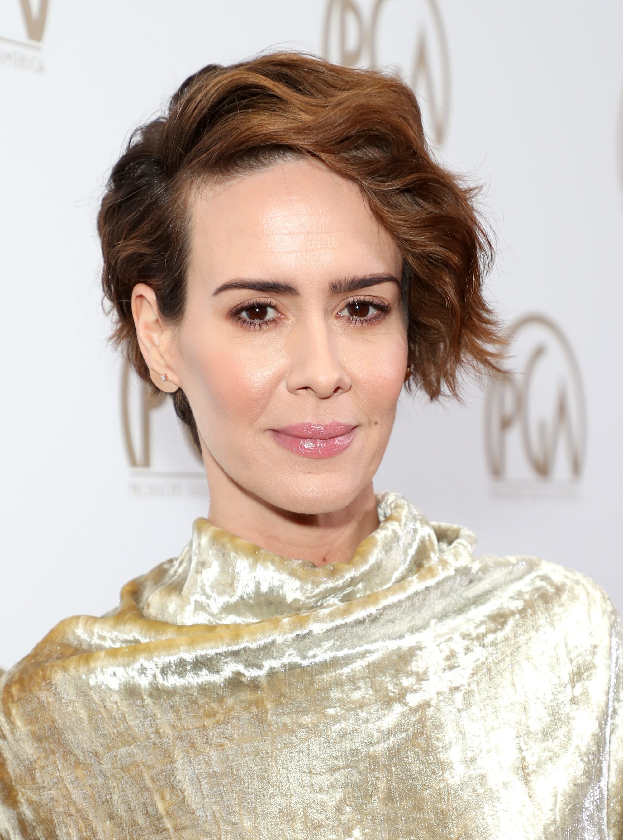 Sarah Paulson with a brunette wavy pixie bob cut